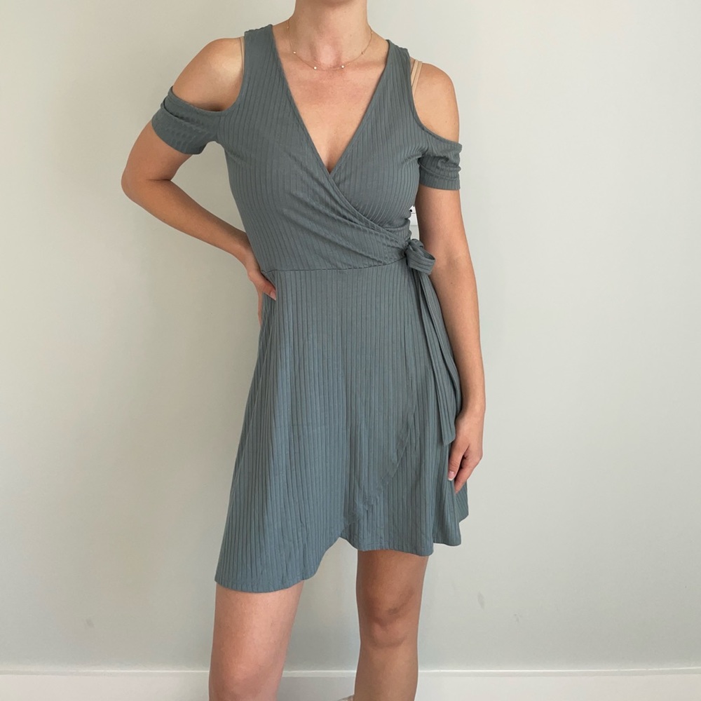 One Clothing Wrap Dress Ribbed Sage Green Cold Shoulder Size S